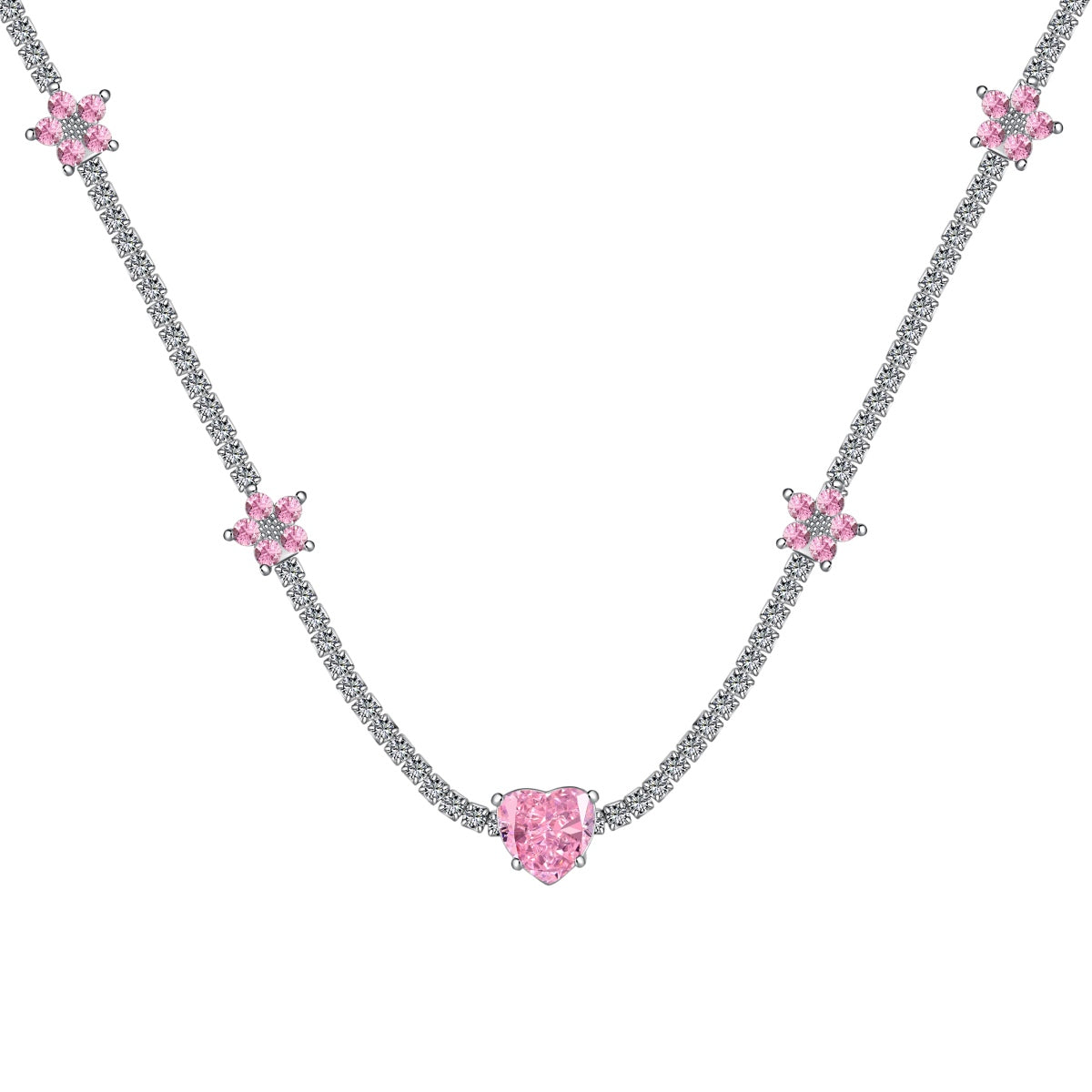 [Tonmkive Schmuck]Funkelnde rosa Herz-Blumen-Halskette