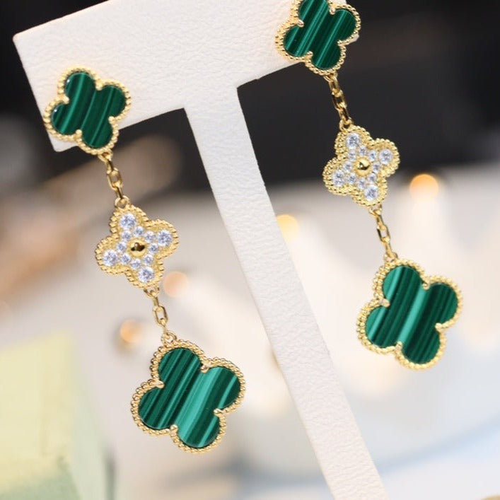 [⭐JeweliWhal]CLOVER EARRINGS GOLD MALACHITE DIAMOND 3 MOTIF