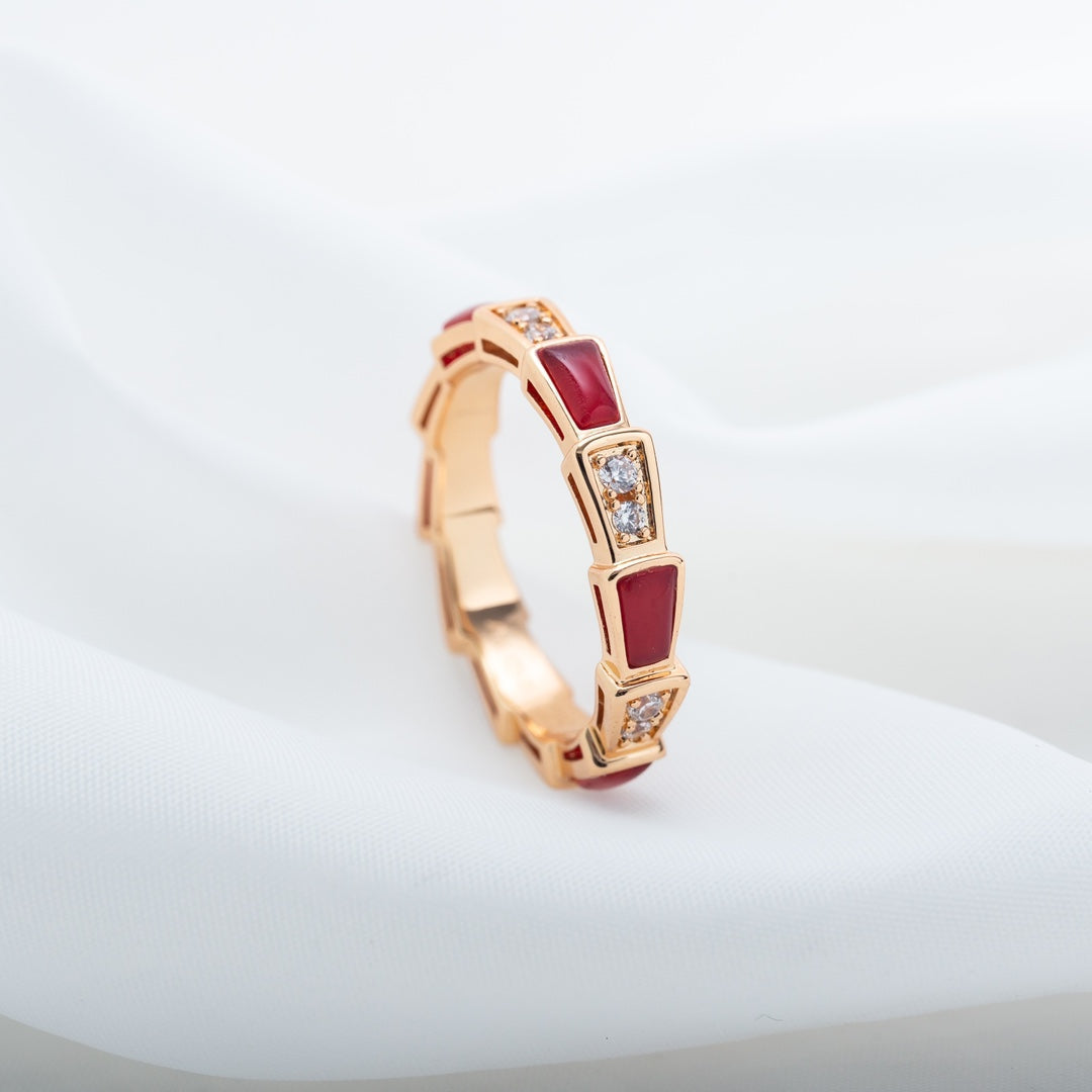 [⭐JeweliWhal]SERPENTI RING PINK GOLD CARNELIAN DIAMOND 3MM