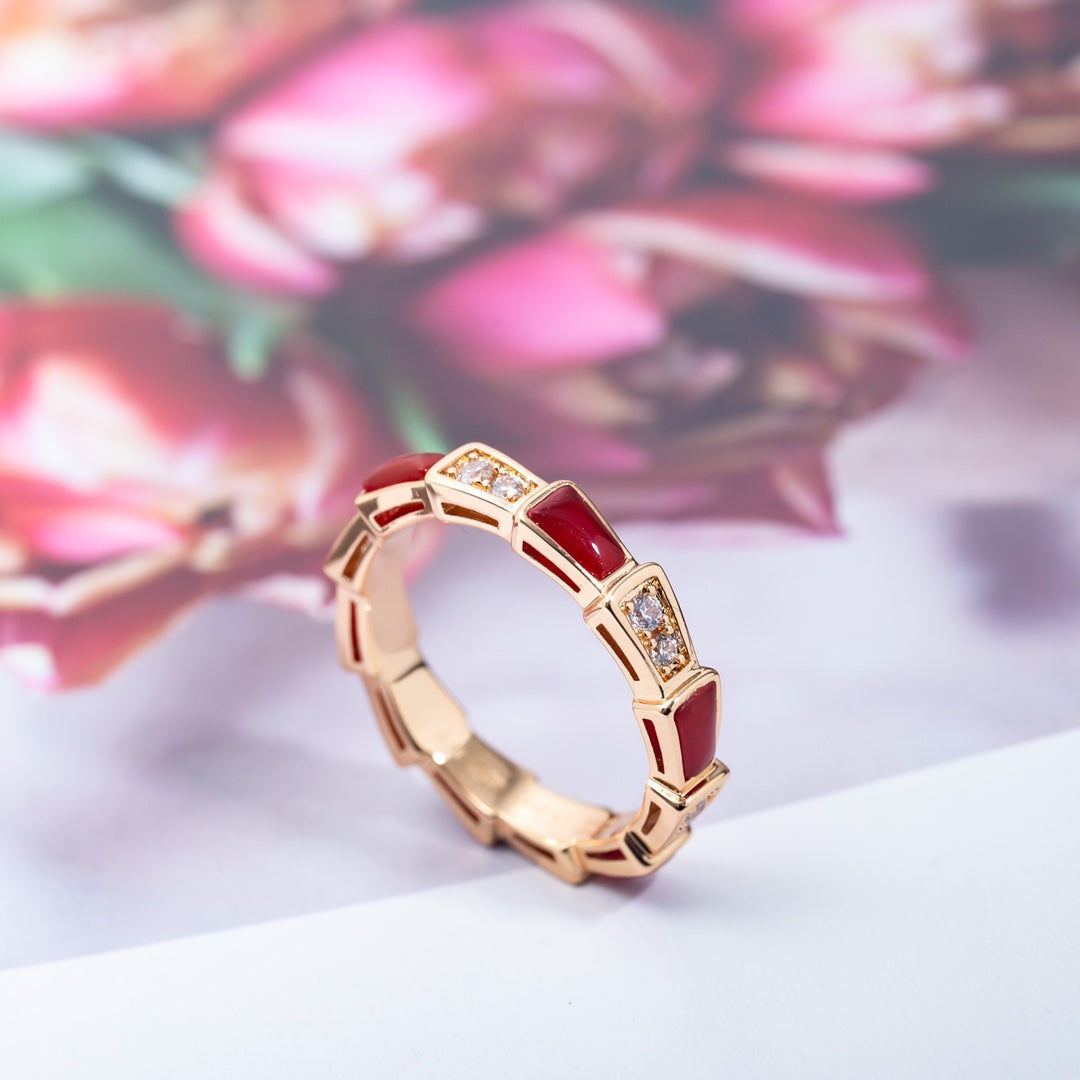 [⭐JeweliWhal]SERPENTI RING PINK GOLD CARNELIAN DIAMOND 3MM