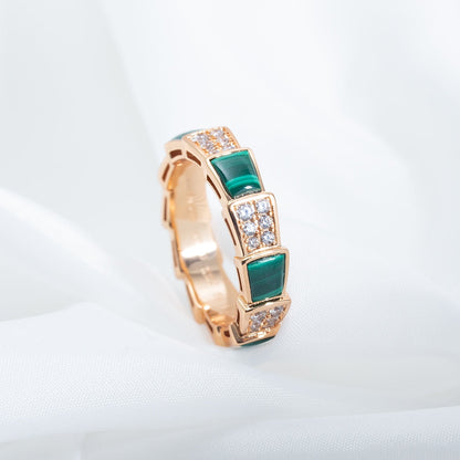 [⭐JeweliWhal]SERPENTI RING PINK GOLD MALACHITE DIAMOND PAVED 4MM