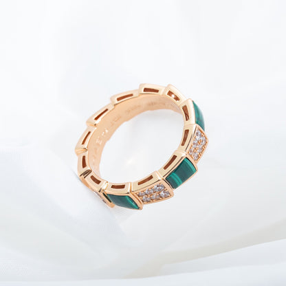 [⭐JeweliWhal]SERPENTI RING PINK GOLD MALACHITE DIAMOND PAVED 4MM