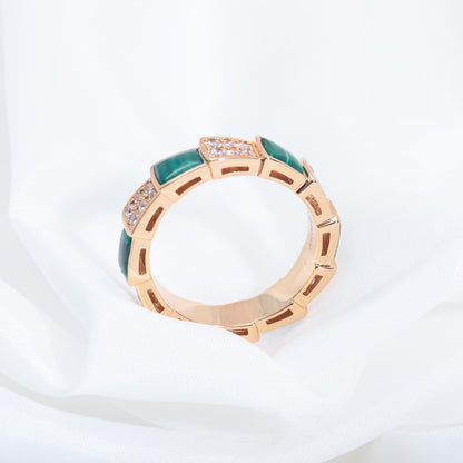 [⭐JeweliWhal]SERPENTI RING PINK GOLD MALACHITE DIAMOND PAVED 4MM