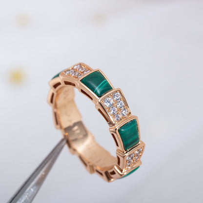 [⭐JeweliWhal]SERPENTI RING PINK GOLD MALACHITE DIAMOND PAVED 4MM