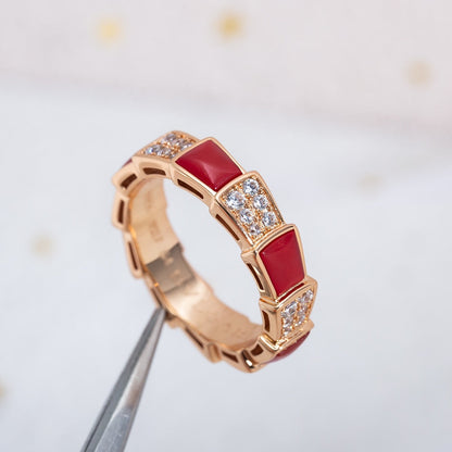 [⭐JeweliWhal]SERPENTI RING PINK GOLD CARNELIAN DIAMOND PAVED 4MM