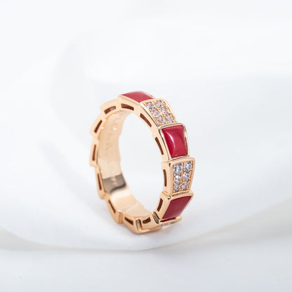 [⭐JeweliWhal]SERPENTI RING PINK GOLD CARNELIAN DIAMOND PAVED 4MM