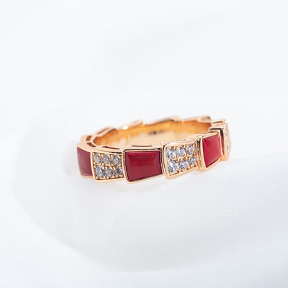 [⭐JeweliWhal]SERPENTI RING PINK GOLD CARNELIAN DIAMOND PAVED 4MM