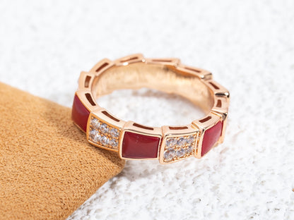 [⭐JeweliWhal]SERPENTI RING PINK GOLD CARNELIAN DIAMOND PAVED 4MM