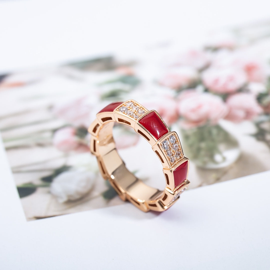 [⭐JeweliWhal]SERPENTI RING PINK GOLD CARNELIAN DIAMOND PAVED 4MM