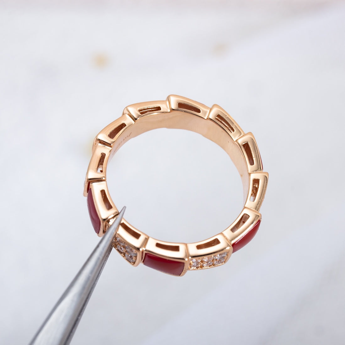 [⭐JeweliWhal]SERPENTI RING PINK GOLD CARNELIAN DIAMOND PAVED 4MM