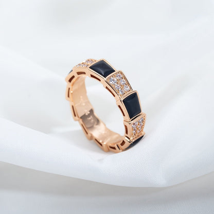 [⭐JeweliWhal]SERPENTI RING PINK GOLD BLACK MOP DIAMOND PAVED 4MM
