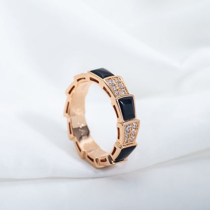 [⭐JeweliWhal]SERPENTI RING PINK GOLD BLACK MOP DIAMOND PAVED 4MM