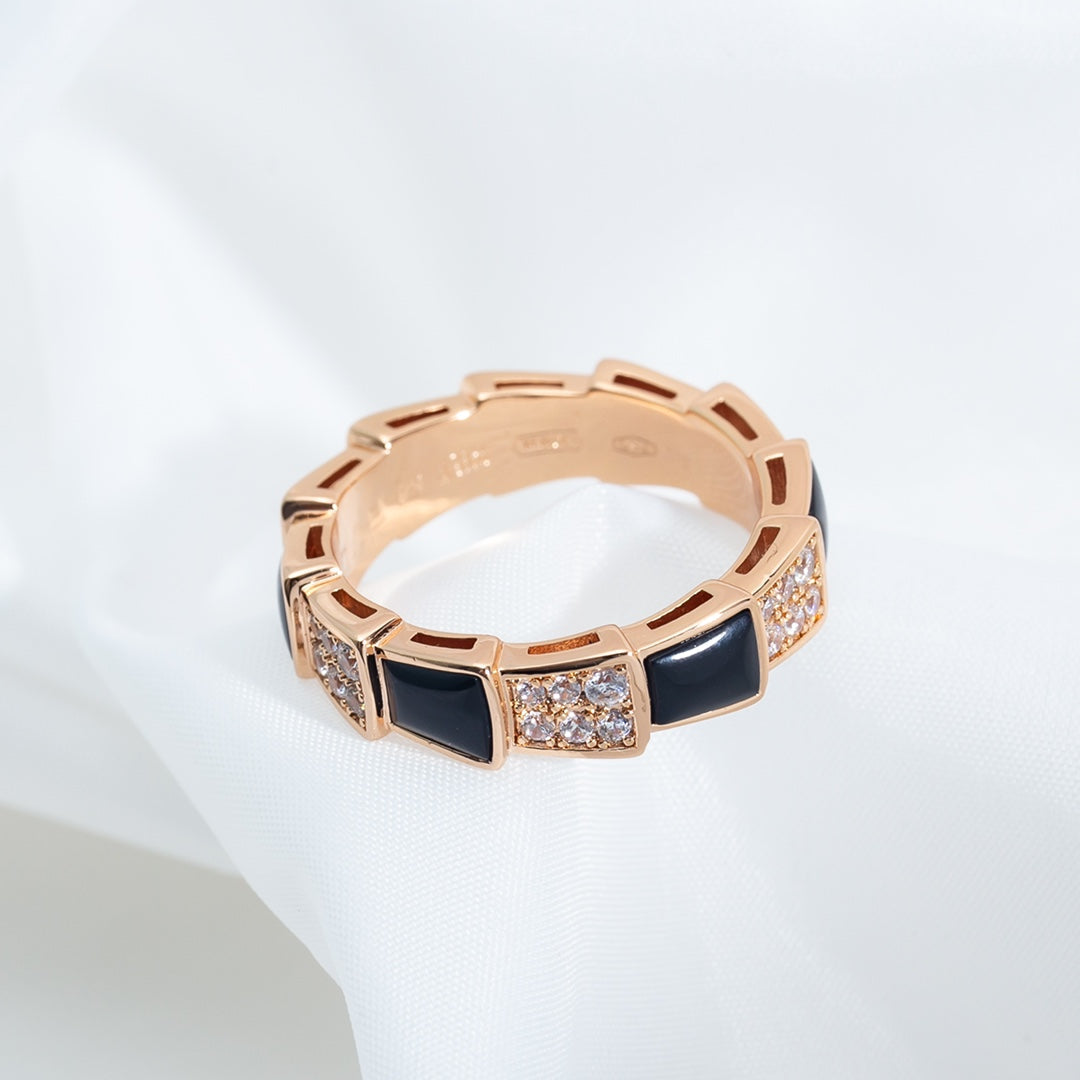 [⭐JeweliWhal]SERPENTI RING PINK GOLD BLACK MOP DIAMOND PAVED 4MM