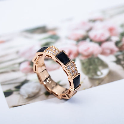 [⭐JeweliWhal]SERPENTI RING PINK GOLD BLACK MOP DIAMOND PAVED 4MM