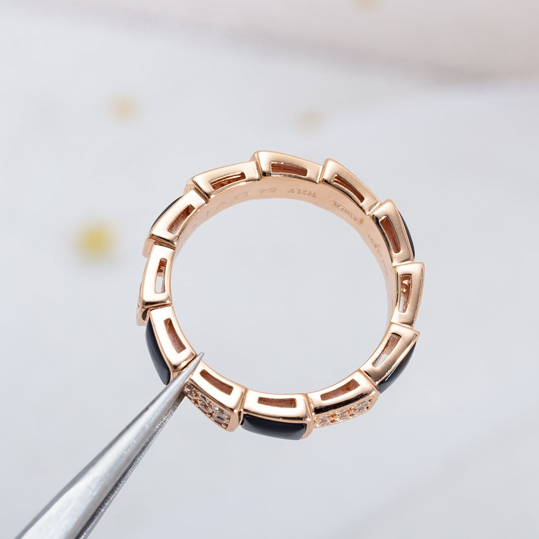 [⭐JeweliWhal]SERPENTI RING PINK GOLD BLACK MOP DIAMOND PAVED 4MM