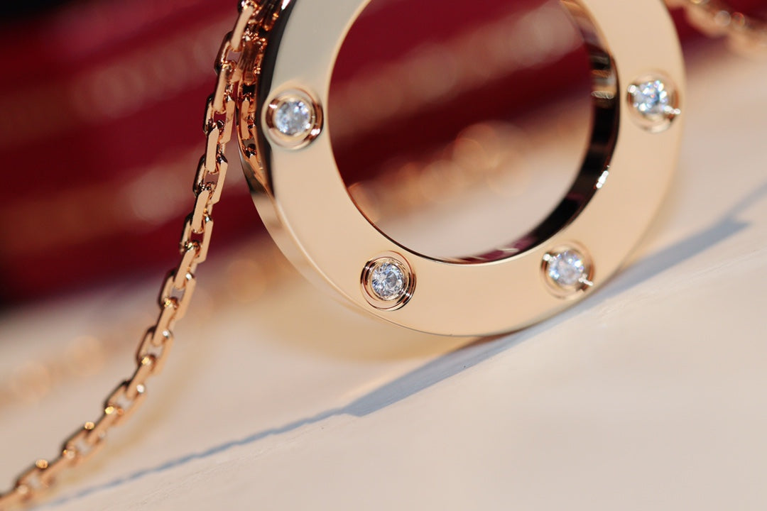 [⭐JeweliWhal]LOVE NECKLACE 16MM 6 DIAMONDS PINK GOLD