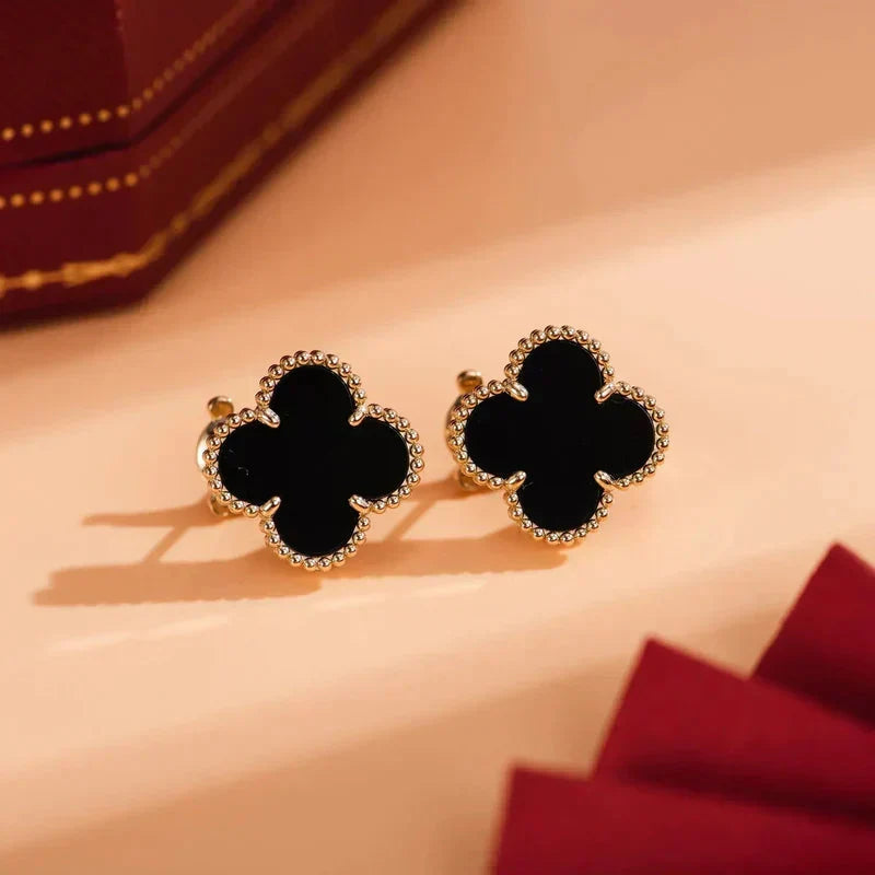 [⭐JeweliWhal]CLOVER MEDIUM 1 MOTIFS  ONYX STUD EARRINGS