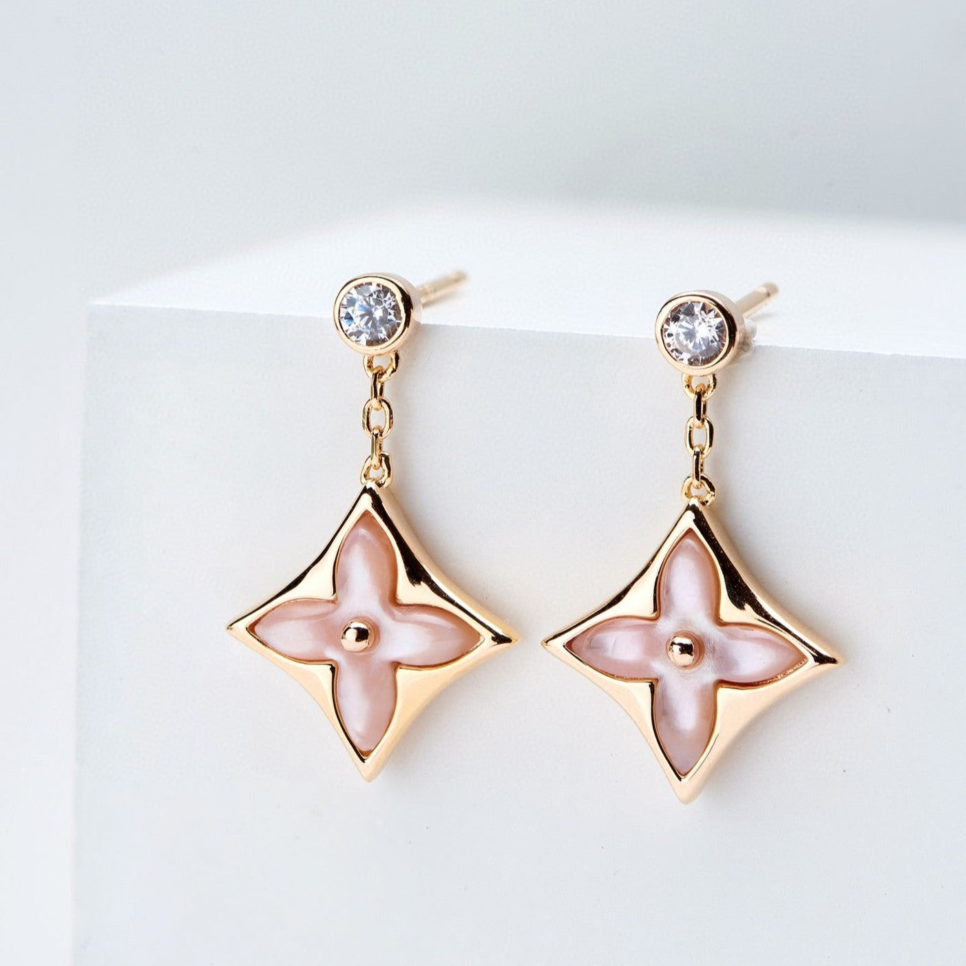 [⭐JeweliWhal]DOUBLE STAR PINK GOLD MOP DROP EARRINGS