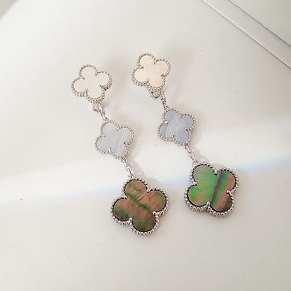 [⭐JeweliWhal]CLOVER 3 MOTIFS CHALCEDONY DARK MOP SILVER EARRINGS