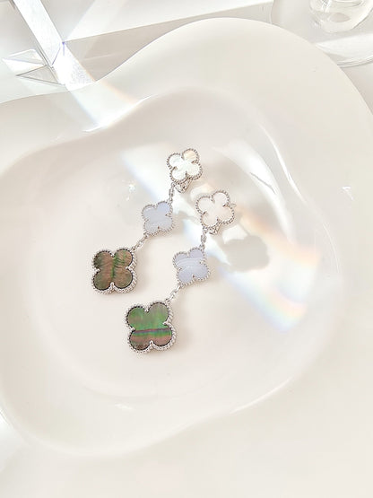 [⭐JeweliWhal]CLOVER 3 MOTIFS CHALCEDONY DARK MOP SILVER EARRINGS