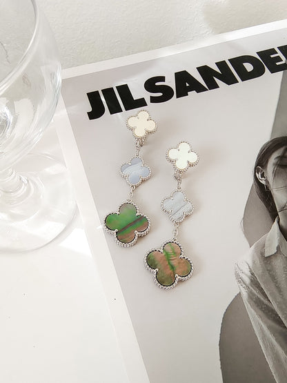 [⭐JeweliWhal]CLOVER 3 MOTIFS CHALCEDONY DARK MOP SILVER EARRINGS