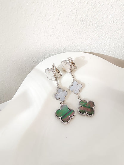 [⭐JeweliWhal]CLOVER 3 MOTIFS CHALCEDONY DARK MOP SILVER EARRINGS