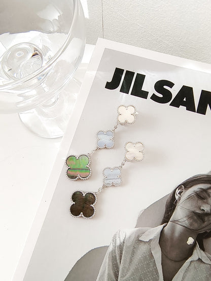 [⭐JeweliWhal]CLOVER 3 MOTIFS CHALCEDONY DARK MOP SILVER EARRINGS