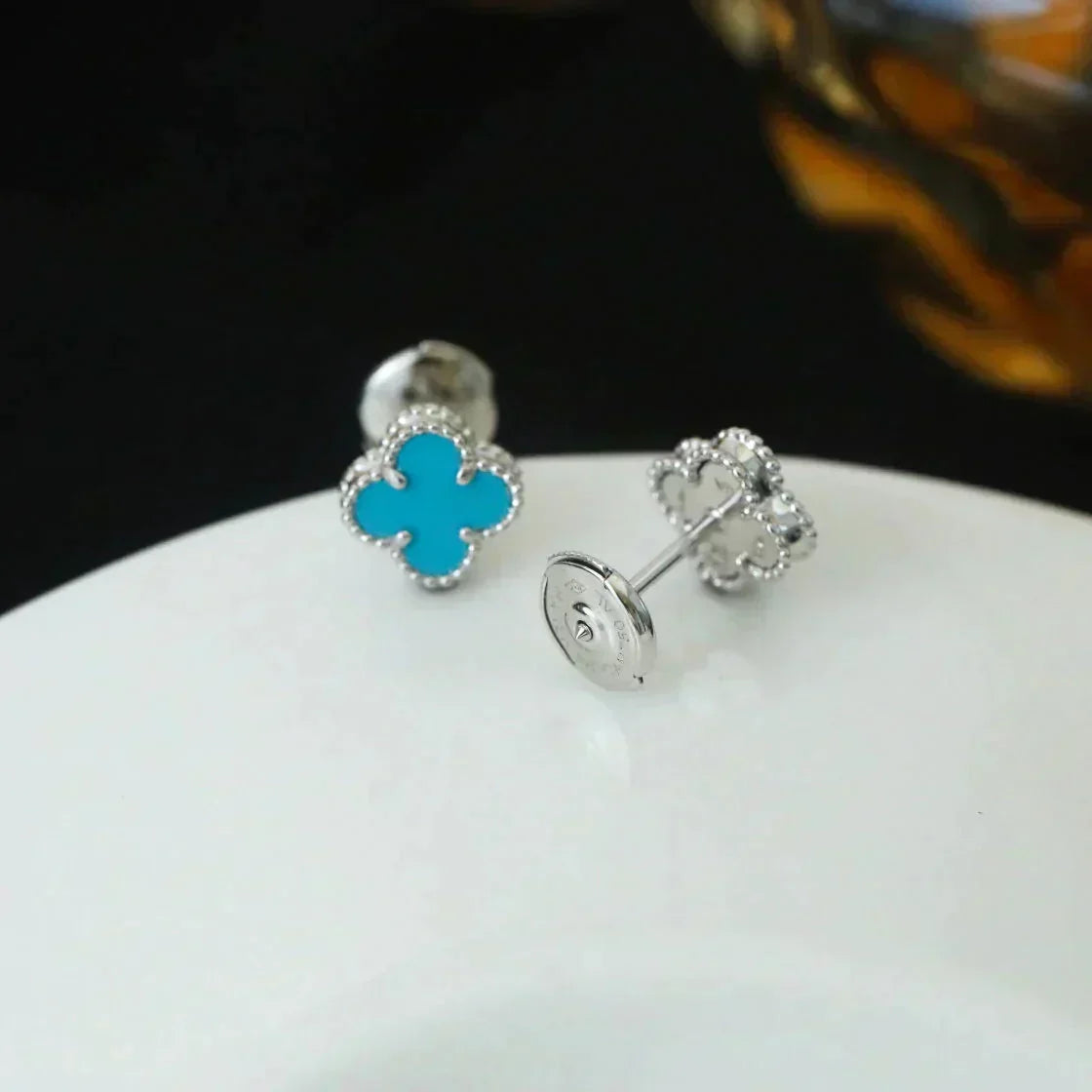 [⭐JeweliWhal]CLOVER MINI 9.5MM ONYX STUD EARRINGS SILVER