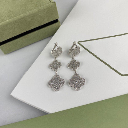 [⭐JeweliWhal]CLOVER 3 MOTIF DIAMOND SILVER DROP EARRINGS