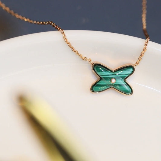 [⭐JeweliWhal]JEUX MALACHITE 1 DIAMOND PINK GOLD NECKLACE