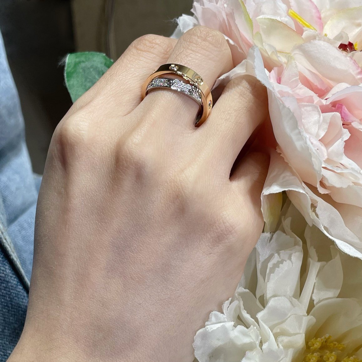 [⭐JeweliWhal]LOVE PINK GOLD SILVER DIAMOND DOUBLE RING