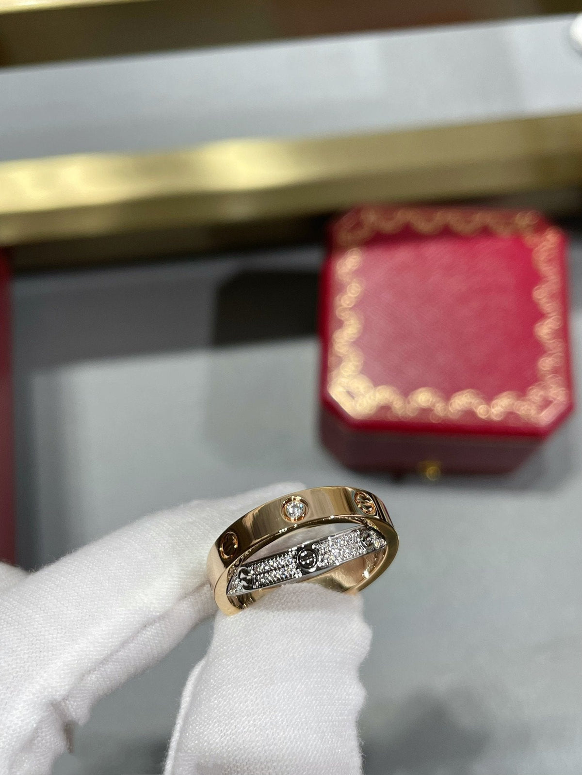 [⭐JeweliWhal]LOVE PINK GOLD SILVER DIAMOND DOUBLE RING