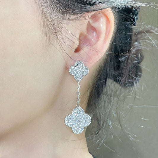 [⭐JeweliWhal]CLOVER 2 MOTIFS DIAMOND PAVED SILVER EARRINGS
