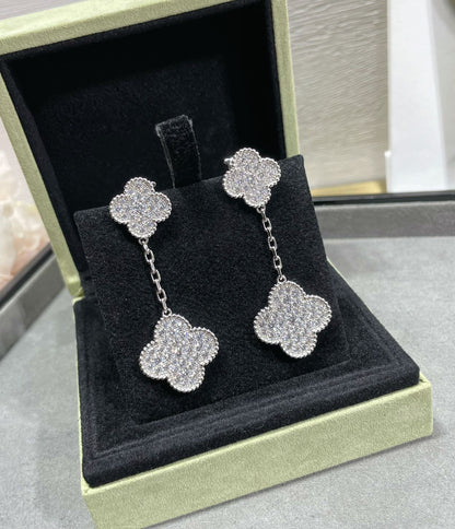 [⭐JeweliWhal]CLOVER 2 MOTIFS DIAMOND PAVED SILVER EARRINGS