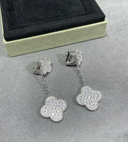 [⭐JeweliWhal]CLOVER 2 MOTIFS DIAMOND PAVED SILVER EARRINGS