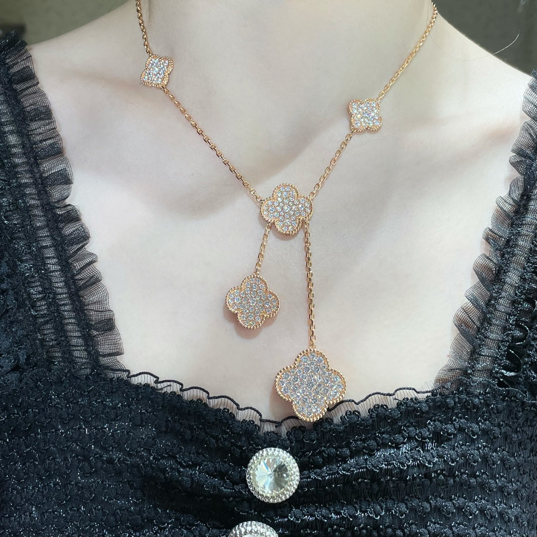 [⭐JeweliWhal]CLOVER 6 MOTIF DIAMOND PAVED NECKLACE