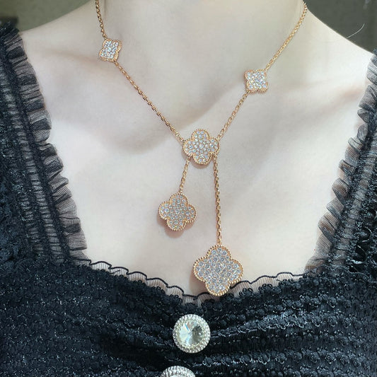 [⭐JeweliWhal]CLOVER 6 MOTIF DIAMOND PAVED NECKLACE