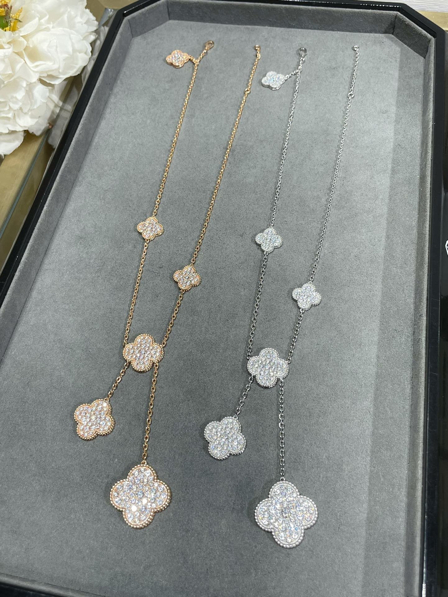 [⭐JeweliWhal]CLOVER 6 MOTIF DIAMOND PAVED NECKLACE