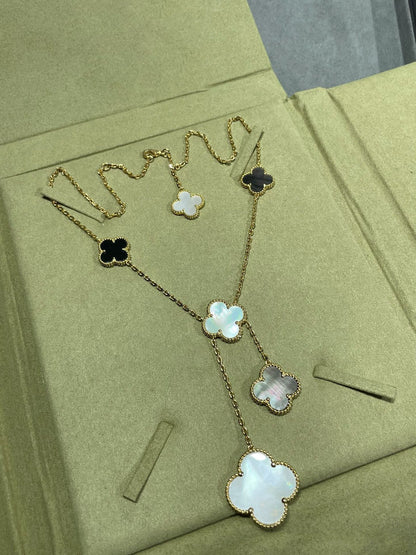 [⭐JeweliWhal]CLOVER 6 MOTIF MOP ONYX GOLD NECKLACE