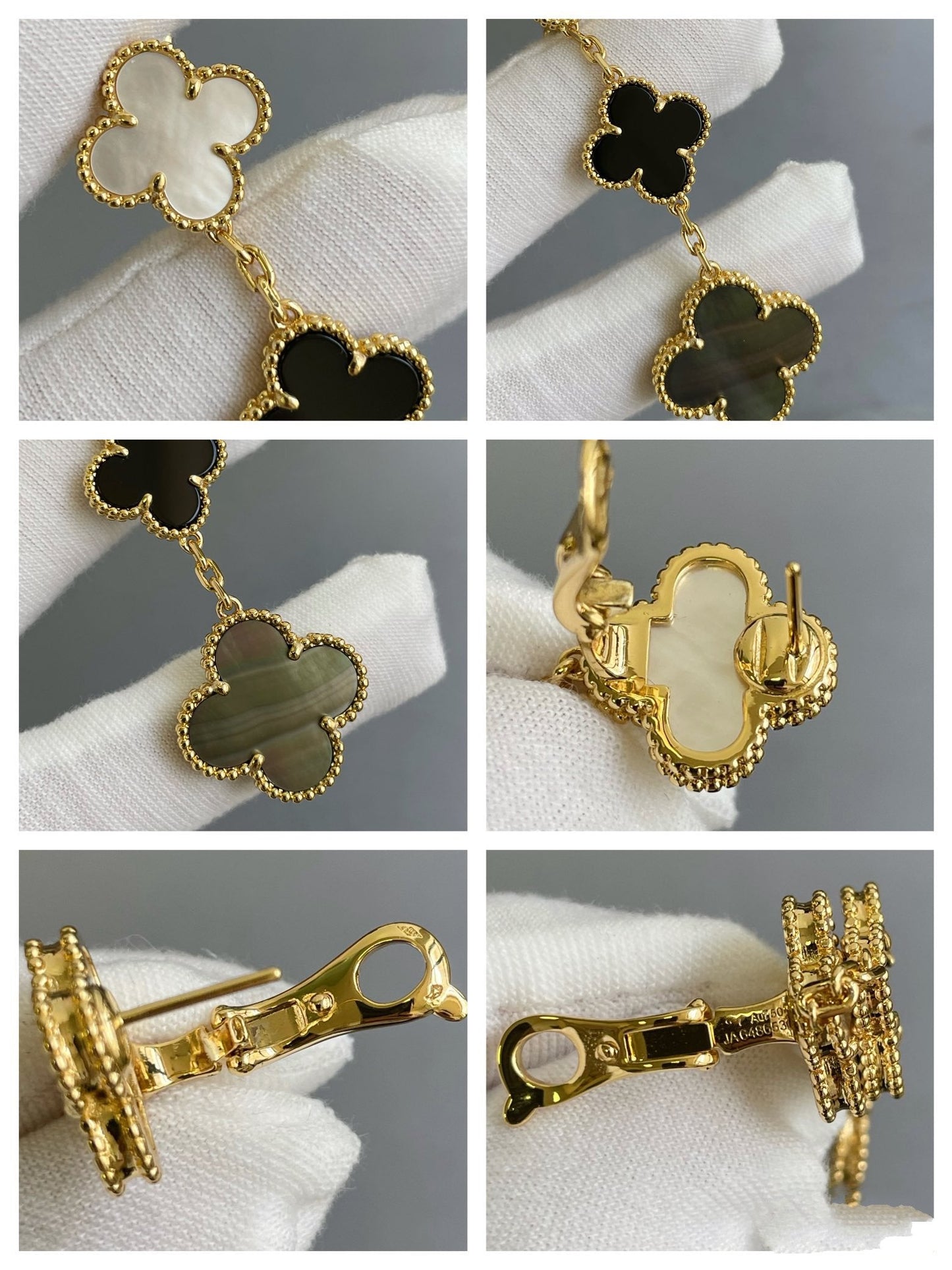 [⭐JeweliWhal]CLOVER 3 MOTIF MOP ONYX DARK MOP PINK GOLD EARRINGS