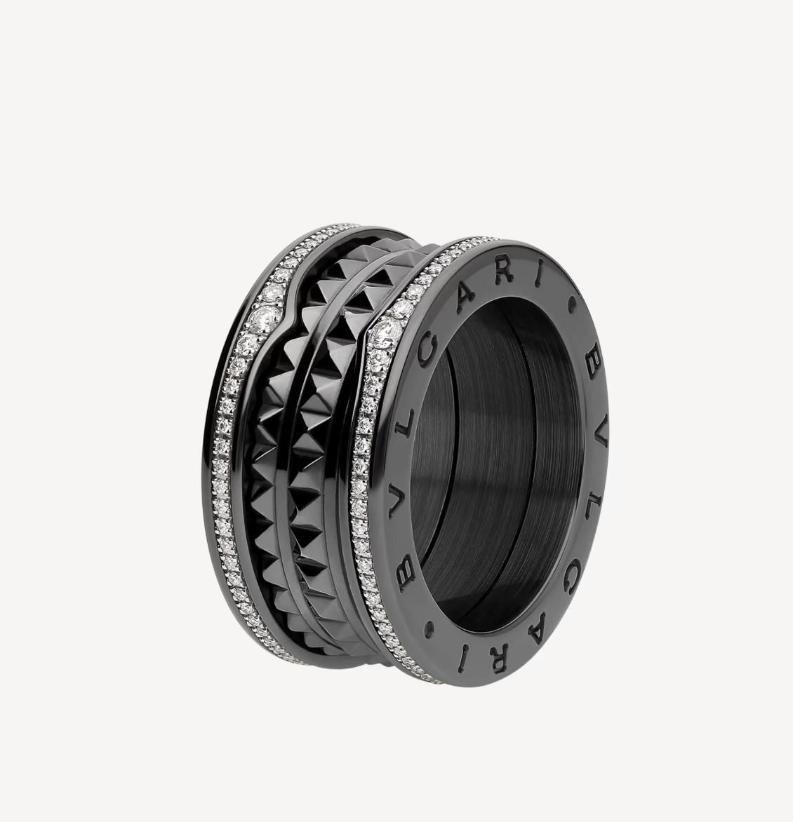 [⭐JeweliWhal]ZERO 1 ROCK FOUR-BAND BLACK CERAMIC WITH STUDDED SPIRAL AND PAVED DIAMONDS RING