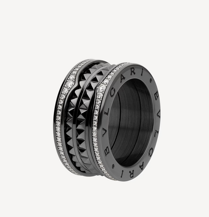 [⭐JeweliWhal]ZERO 1 ROCK FOUR-BAND BLACK CERAMIC WITH STUDDED SPIRAL AND PAVED DIAMONDS RING