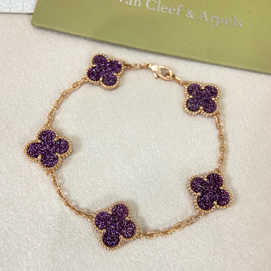 [⭐JeweliWhal]NEW PURPLE SAND-GOLD FOUR-LEAF CLOVER 5-FLOWER BRACELET