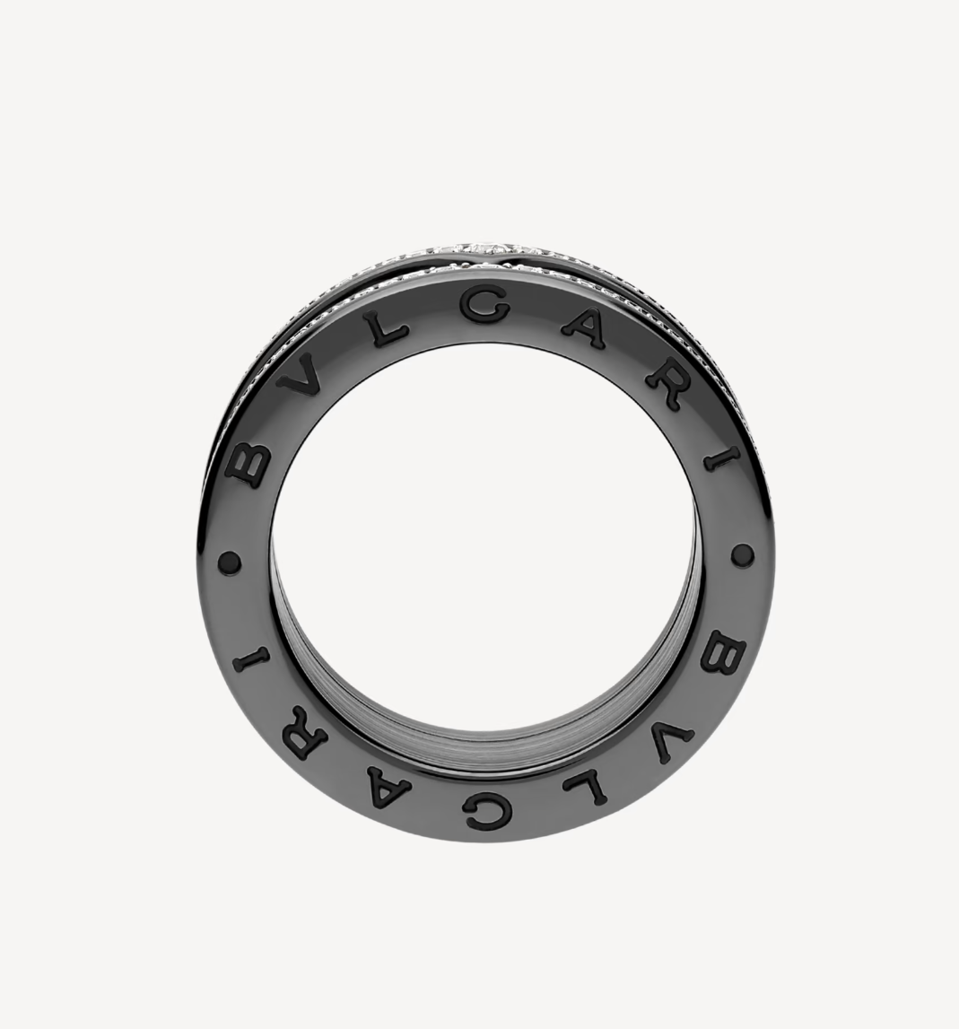 [⭐JeweliWhal]ZERO 1 ROCK FOUR-BAND BLACK CERAMIC WITH STUDDED SPIRAL AND PAVED DIAMONDS RING