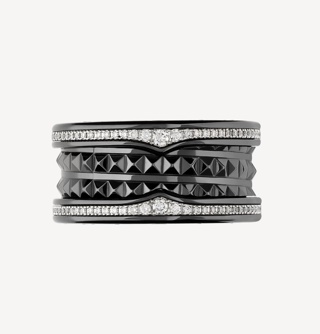 [⭐JeweliWhal]ZERO 1 ROCK FOUR-BAND BLACK CERAMIC WITH STUDDED SPIRAL AND PAVED DIAMONDS RING