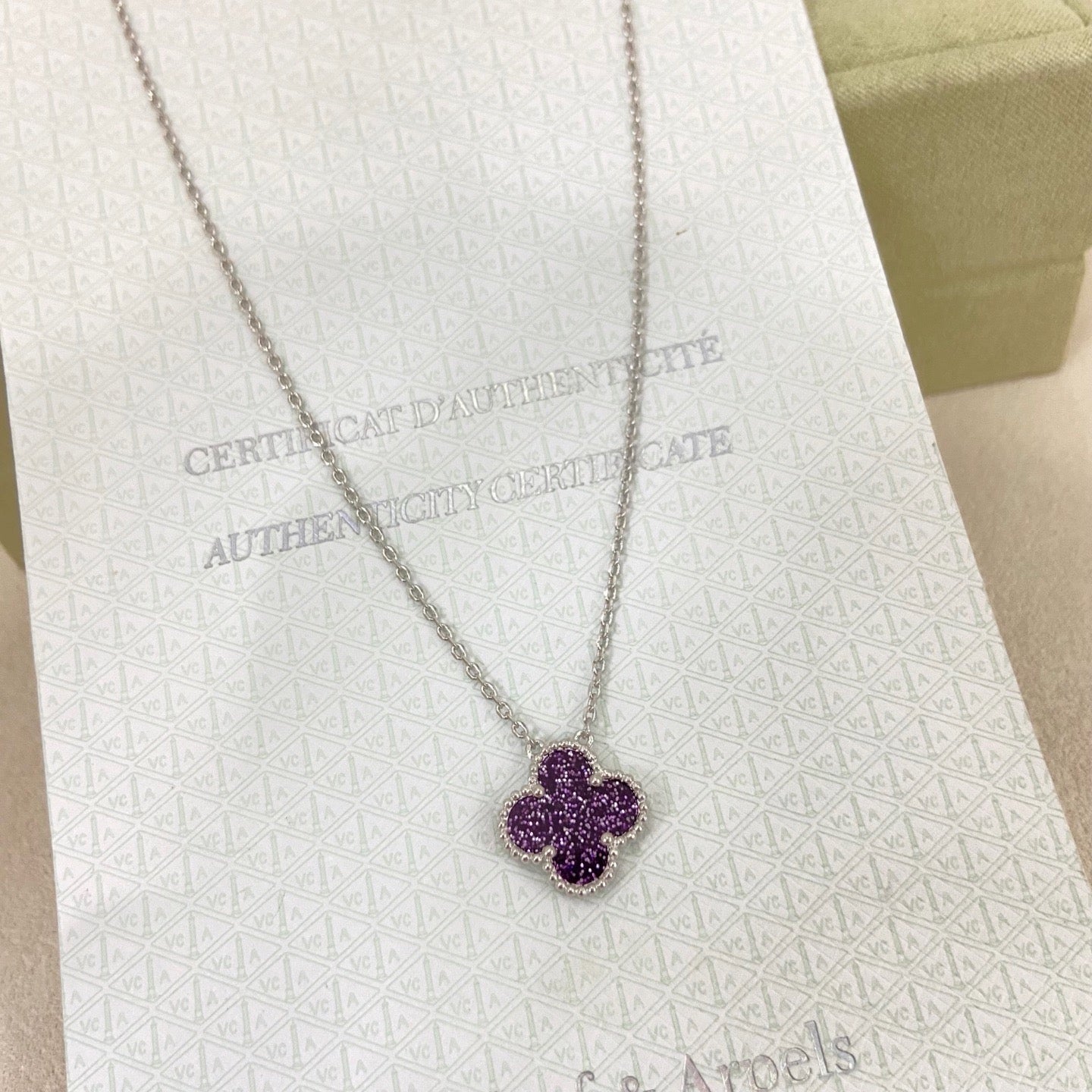 [⭐JeweliWhal]NEW 15MM PURPLE SAND-GOLD FOUR-LEAF CLOVER NECKLACE
