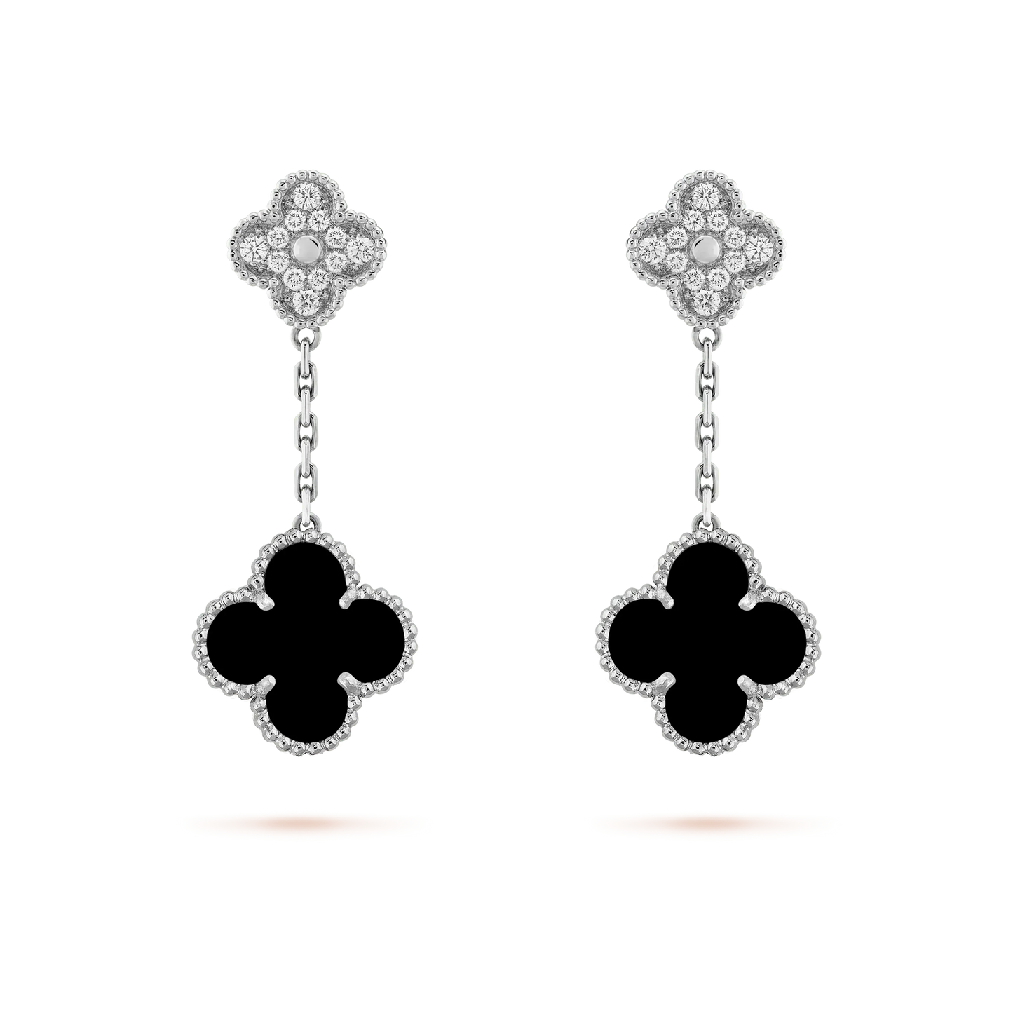 [⭐JeweliWhal]CLOVER 2 MOTIFS  DIAMOND ONYX EARRINGS SILVER