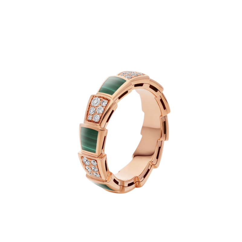 [⭐JeweliWhal]SERPENTI RING PINK GOLD MALACHITE DIAMOND PAVED 4MM
