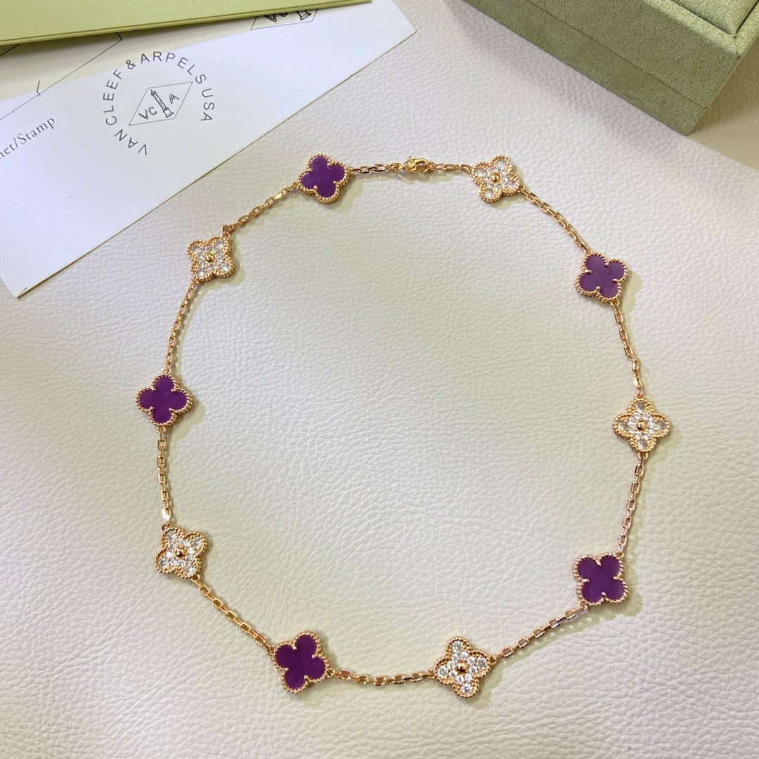 [⭐JeweliWhal Jewelry]CLOVER 10 MOTIFS  PURPLE VIOLET DIAMOND NECKLACE