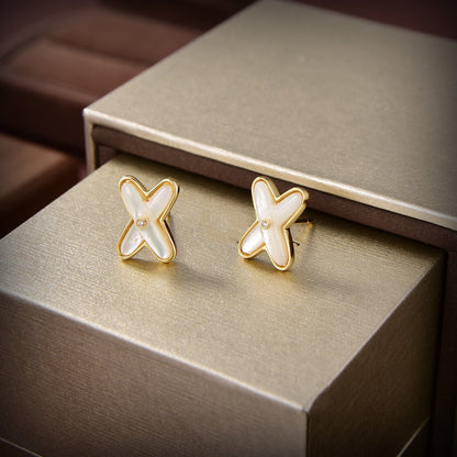 [⭐JeweliWhal]JEUX DE WHITE MOP GOLD DIAMOND EARRINGS